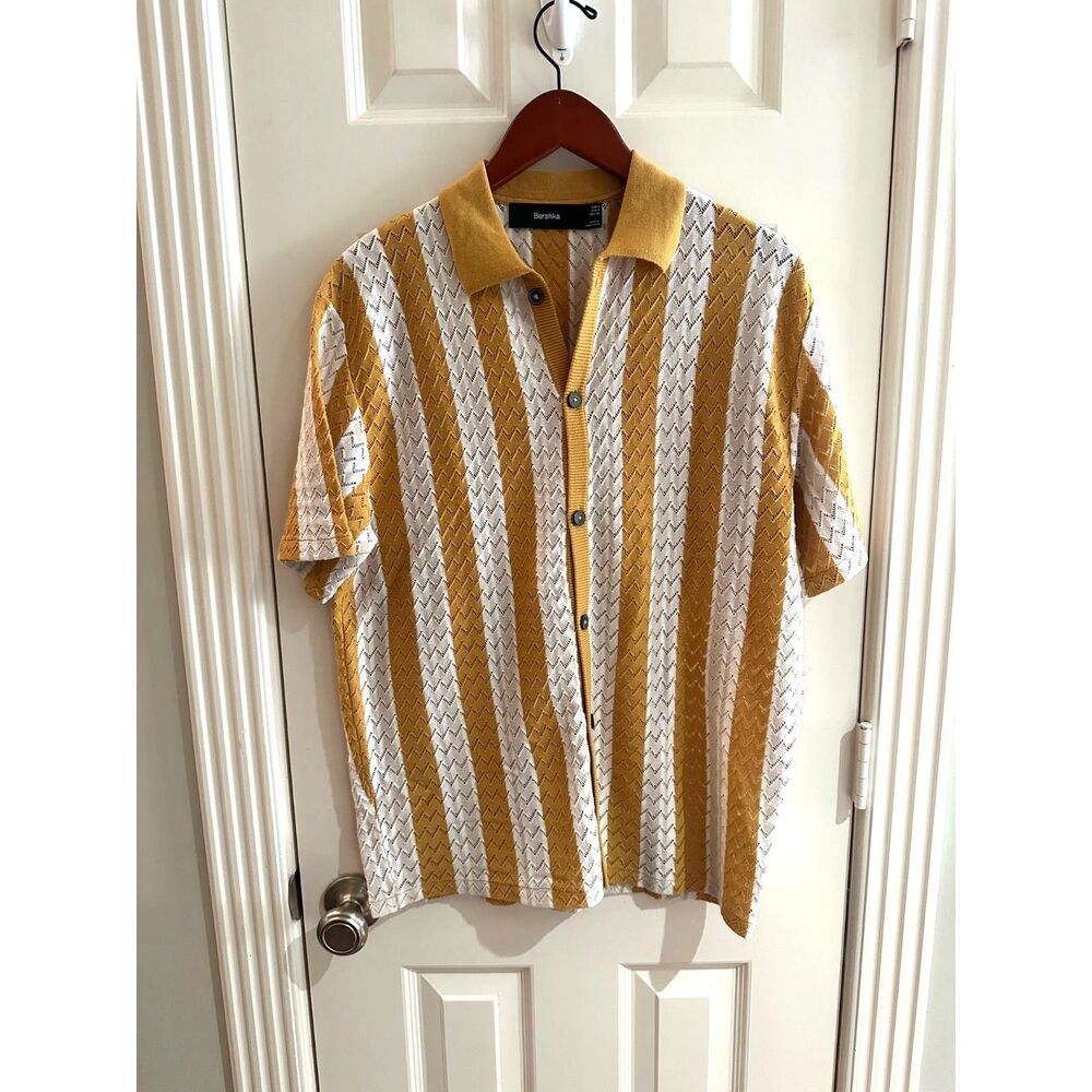 Bershka Men’s Striped Knit Button-Up Polo Shirt Yellow & White - Small